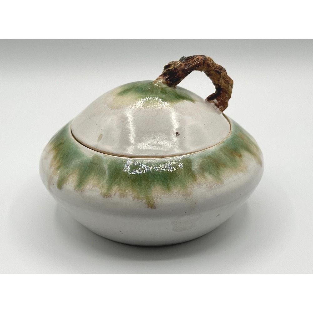 Vintage Studio Pottery Lidded Jar Green White Drip Glaze Branch Handle 7x3.5